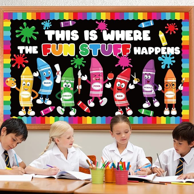 gisgfim Color Crayon Bulletin Board Decorations Set This is Where The Fun Classroom Decor Colorful Crayons Paper Cutouts Back to School Bulletin Board Decor for School Home Chalkboard Wall