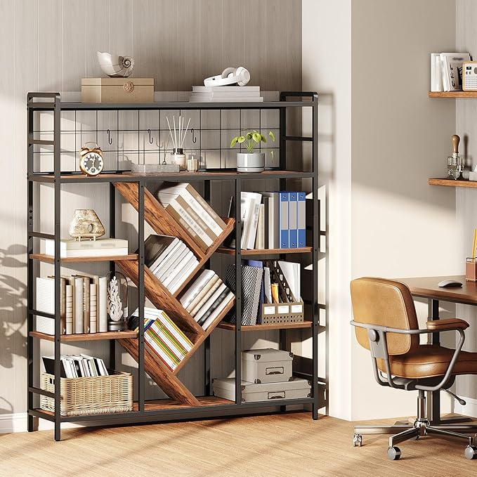 Triple 5-Tier Bookshelf, Industrial Large Bookcase with 14 Open Display Shelves, Modern Tree Bookcase with Metal Frame and Hanging Function for Living Room, Home Office, Rustic Brown and Black