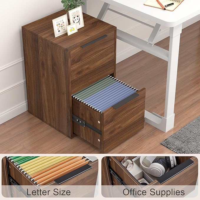 2 Drawer File Cabinets, Wood File Cabinet with Hanging Bar for Letter Size, Under Desk Drawer, Small File Cabinets for Home Office, Dark Walnut