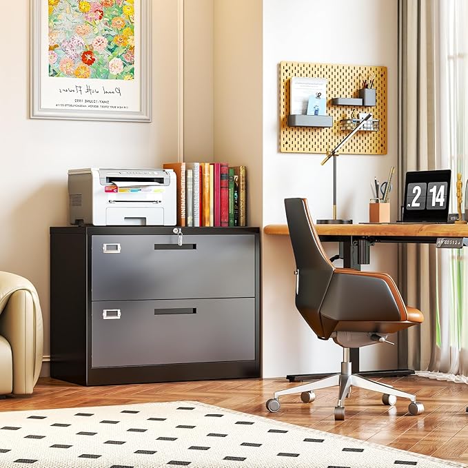 2 Drawer Locking Lateral File Cabinet, Wide&Deep Metal Filing Cabinet for Letter/Legal/A4/F4 Files, Includes Card Holder and Hanging Folders for Home Office, School, Business
