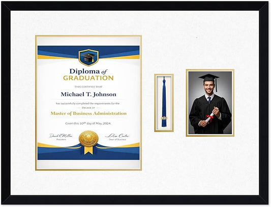 Diploma Tassel and Photo Frame Matte Black Shadowbox Oyster Shell Over Gold Mat - Fits 11 x 14 Degree Picture Made in the USA