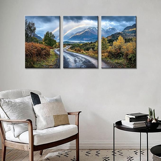 Winter Rainbow Canvas Wall Art Home Decor Landscape Poster Print Countryside Road Picture Painting Artwork for Bedroom Kitchen Office Farmhouse Wall Decoration Stretched and Framed [48''Wx24''H]