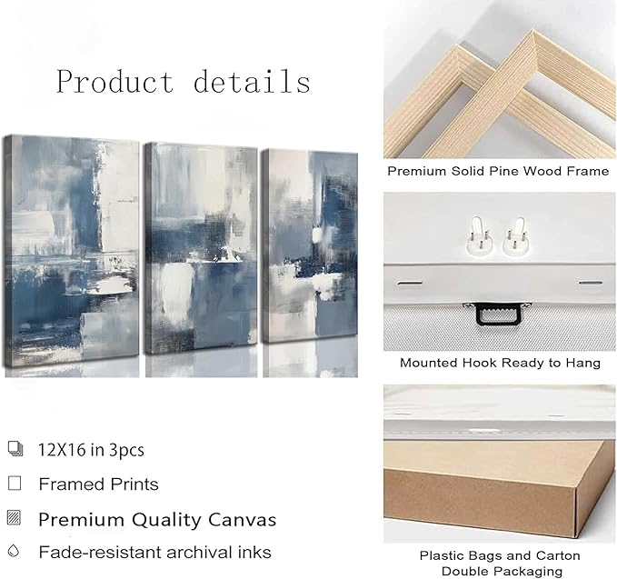 3pcs Navy Blue Abstract Canvas Wall Art Modern Minimalist Neutral Blue White Painting Picture Wall Decor Poster Print Artworks for Living Room Bedroom Office Decoration