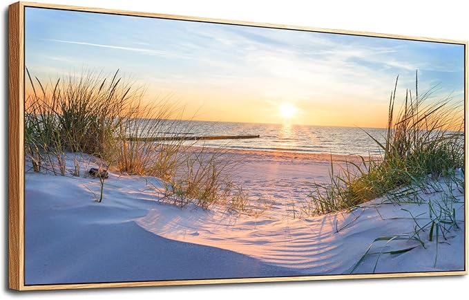 MHARTK66 Canvas Prints Wall Art Beach Sunrise Ocean Waves Beach Grass Nature Pictures Coastal Wall Decor Stretched Canvas Wooden Framed for living Room Bedroom and Office Home Decoration 24"x48"