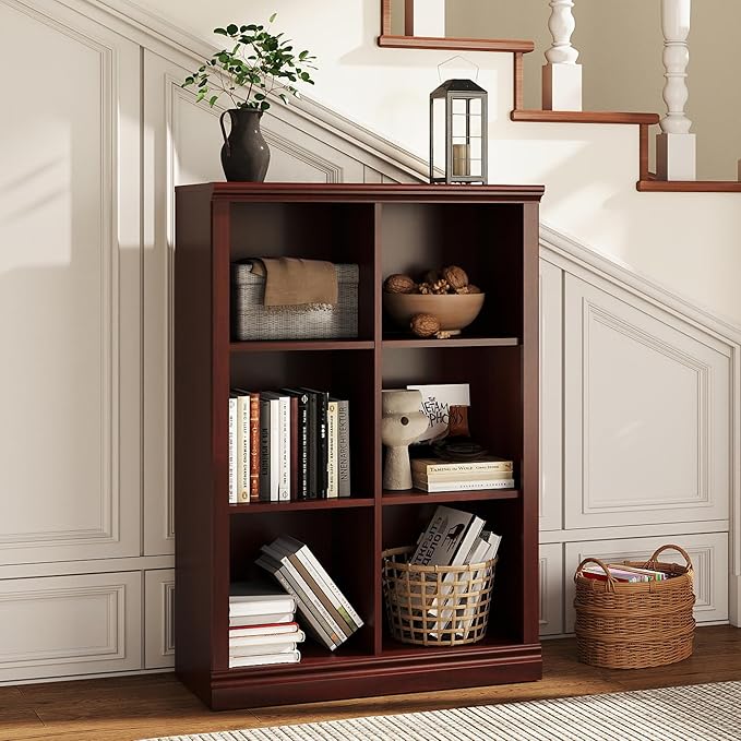 6 Cube Storage Organizer - 3 Tiers 6 Storage Cube Adjustable Space Book Case, Display Cabinet Organizer with Bookcase, 30 inch Width Horizontal Bookshelf for Home Library Office, Mahogany