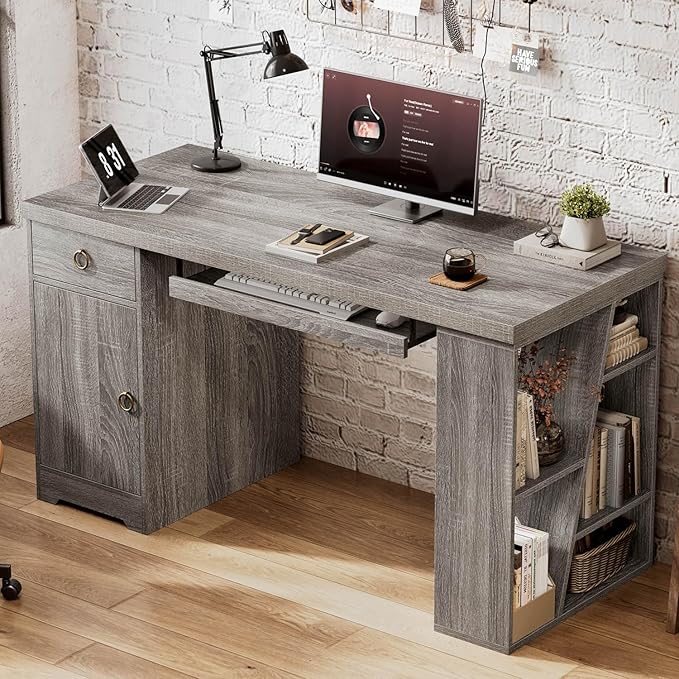 HSH 55" Office Computer Desk with Drawers, Farmhouse Grey Executive Desk with Storage Shelves and Cabinet, Modern Wooden Computer Table Teacher Desks with Keyboard Tray for Home Writing Work Study