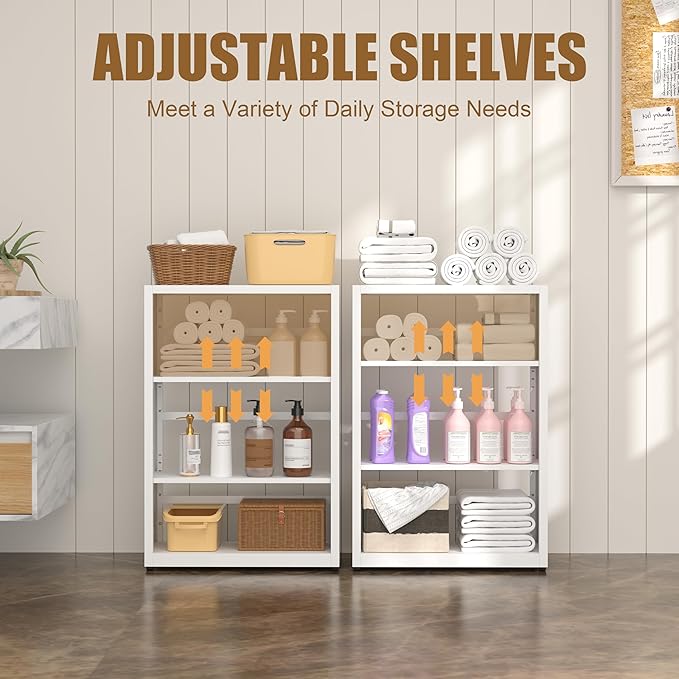 3 Tier Bookshelf, 34"Tall Metal Bookcase with Adjustable Shelves, Modern Display Book Shelf, White Bookcase Shelf, Utility Shelf, Storage Shelves for Office, Living Room, Kitchen, Study-23"W