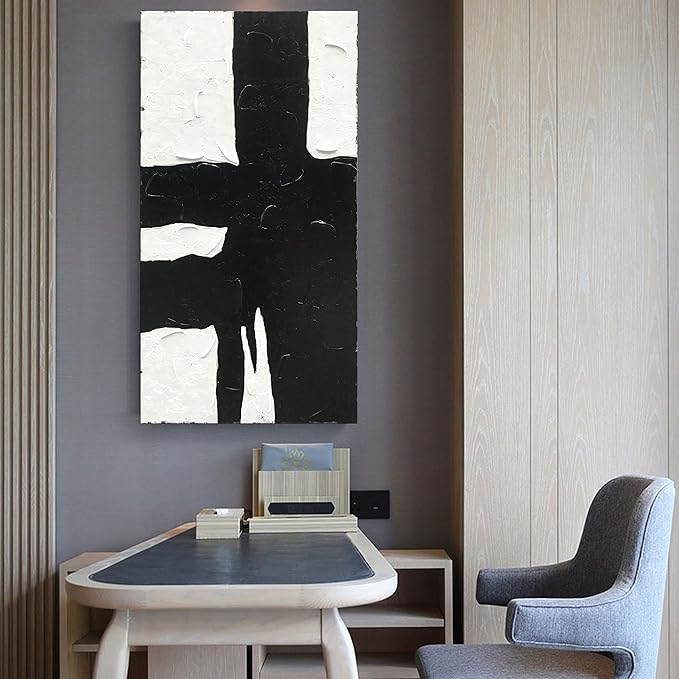 NANKAI Art Minimalist black and white oil painting is suitable for large abstract wall decorations in modern living rooms. 48x24 inches. Modern oil painting art