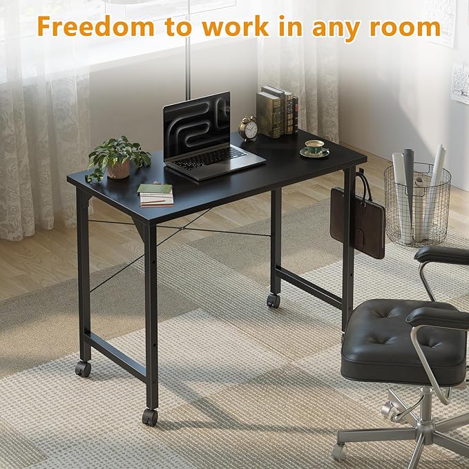 Grandder Rolling Computer 32 inch Desk with Wheels, Wroking Small Desk for Living Room, Modern Simple Style Table for Home Office, Study Writing Table, Caster, Black, 32 inch