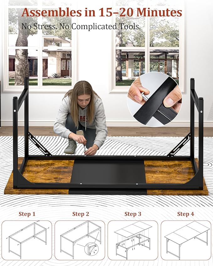 Computer Desk 47.2" Office Desk, Extra Wide 23.62” Carbon Fiber Deep Desktop, 0.59” Thick Heavy-Duty Home Office Desks, Office Table with Steel Frame, Wood Desk for Bedroom Study Writing Gaming Work