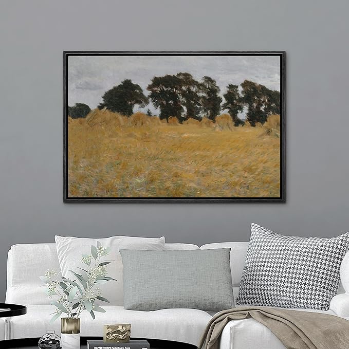 MUDECOR Framed Canvas Print Wall Art Golden Wheat Field with Trees Rustic Illustrations Minimalism Decorative Relax Colorful for Living Room, Bedroom, Office - 16"x24" Black