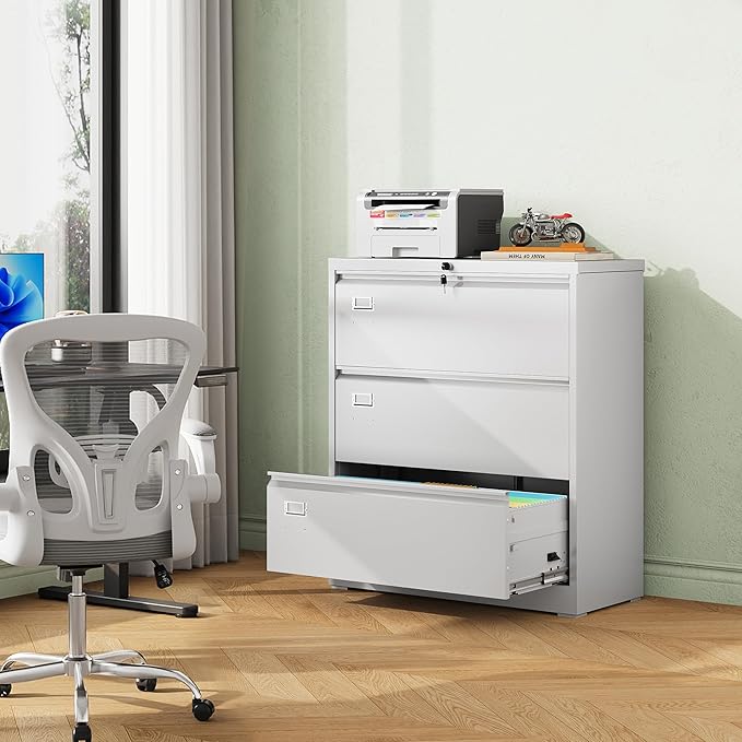 DEVAISE Metal Lateral File Cabinet with Lock, 3 Drawer Filing Cabinet with Business Card Holder, Suitable for Home Office School Hanging Files Letter/Legal/F4/A4 Size, White