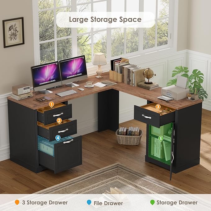 HIFIT Farmhouse Executive L Shaped Desk with Power Outlets, 60" Corner Computer Desk with 3 Storage Drawers & 2 File Cabinets, L Shaped Home Office Desk for Study,Black