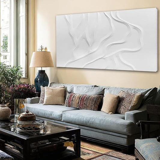 ZUNARE Minimalist White Abstract Wall Art, Hand Painted Textured Canvas with Soft Organic Relief, Modern Neutral Wall Decor for Living Room or Bedroom 24×48 Inch