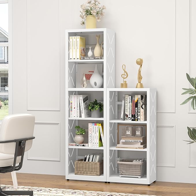 5 Tier Bookshelf, 55"Tall Metal Bookcase with Adjustable Shelves, Modern Display Book Shelf, White Bookcase Shelf, Utility Shelf, Storage Shelves for Office, Living Room, Kitchen, Study-16"W