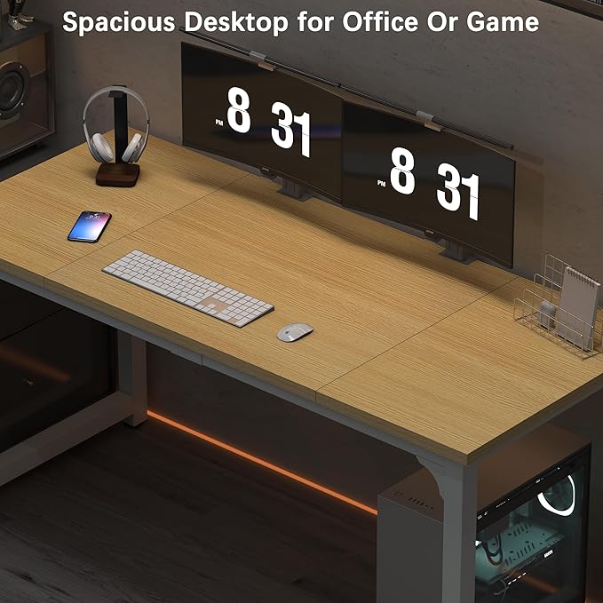 NSdirect 63" Computer Desk,Large Home Office Desk Wide Workstation 1 inch Thicker Tabletop for Writing,Games and Home Work PC Desk Modern Finish Wood Board and Sturdy Steel Legs,Oak+White
