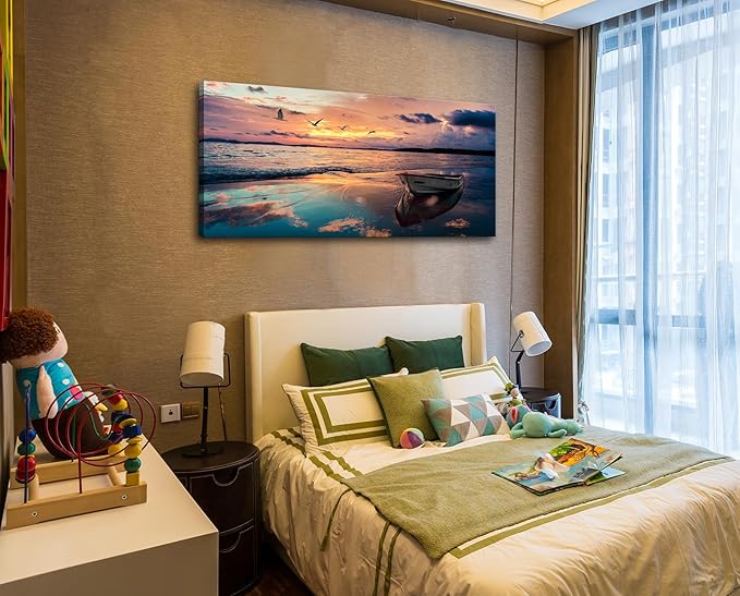 OKEXCKK Beach Large Canvas Wall Art Picture for Living Room - Sunset Ocean Landscape Painting Print Decor Coastal Wall Decor Seascape Artwork Poster for Bedroom Kitchen Decoration - 24"x48"