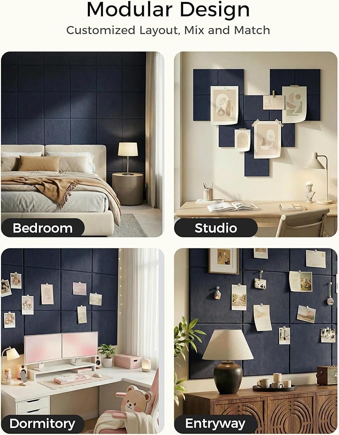 Aothia 12-Pack Felt Bulletin Board Tiles for Walls - 48x36 Modular Bulletin Board, Cork Board Alternative Pin Board for Office & Classroom, 70 Adhesive Tabs & 40 Push Pins Included (Navy Blue)
