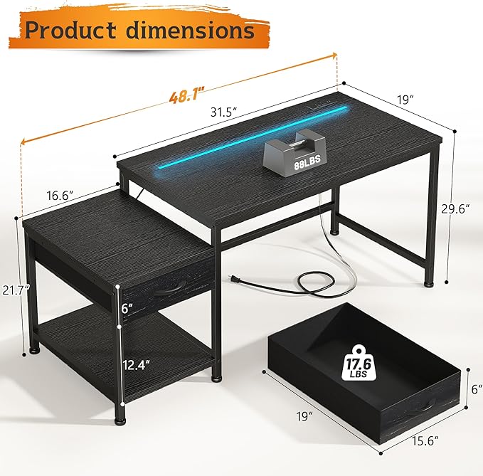 Gaming Desk 48.1 Inch with LED Lights and Power Outlets,Reversible Computer Desk with Drawers and Shelf,Gaming Table with Hooks for Headphone,Bags,Small Desk for Bedroom,Dorm,Black