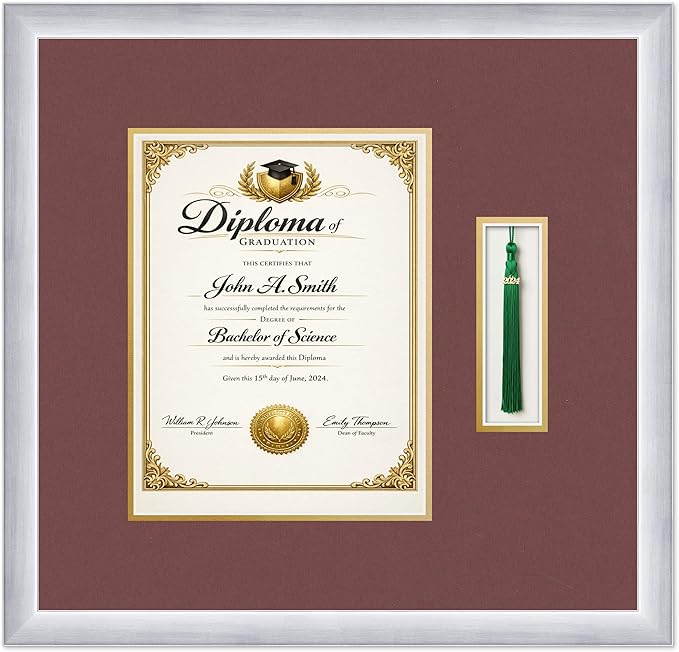 CountryArtHouse Diploma and Tassel Frame Fits 8.5 x 11 Certificate (Portrait) with Tasse Stainless Silver Genuine Hardwood Shadowbox with Dark Red Over Metallic Gold Double mat