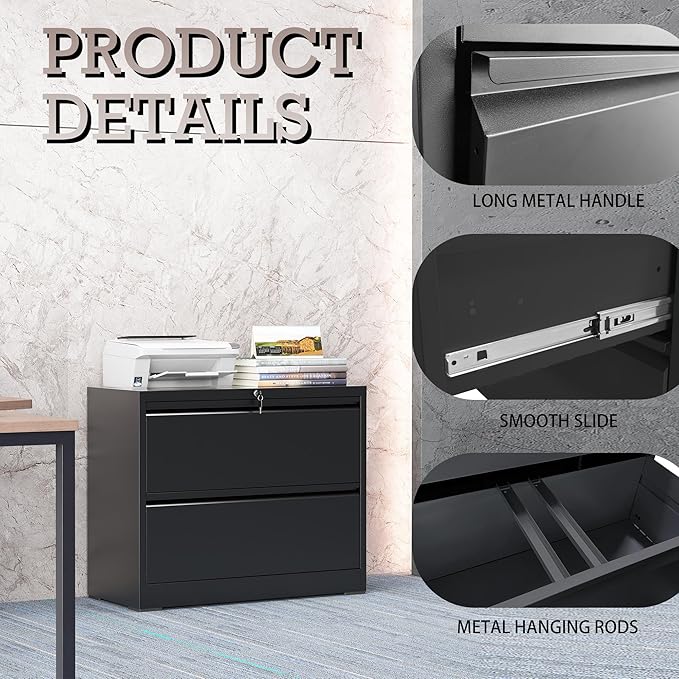 2 Drawer File Cabinet, Lateral File Cabinet with Lock, Metal Lateral Filing Cabinets for Home Office, File Storage Cabinet for Legal/Letter/A4 Documents, Assembly Required (Black, 35'W)