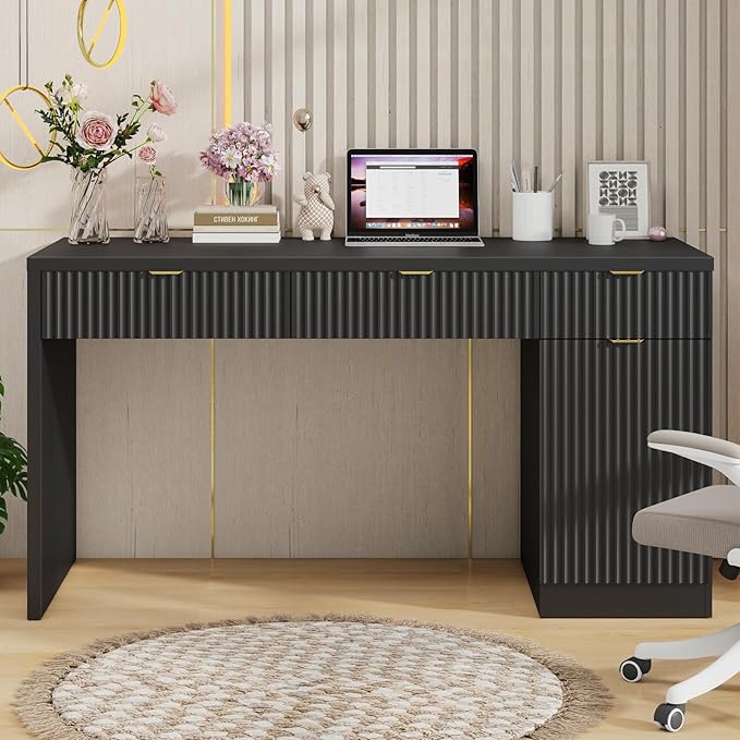 60" Executive Desk with Fluted Drawers, Wood Home Office Desk with Storage Cabinet, Fluted Reversible Computer Writing Desk for Study, Living Room,Black