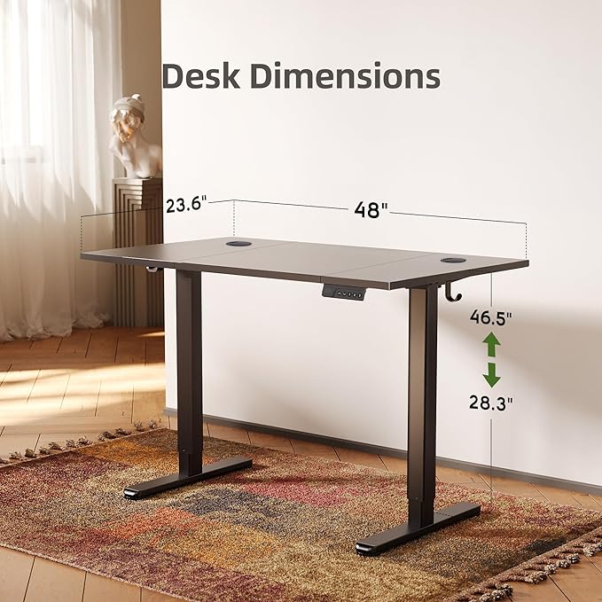 Claiks Electric Standing Desk, Adjustable Height Stand up Desk, 48x24 Inches Sit Stand Home Office Desk with Splice Board, Black Frame/Deep Black Top