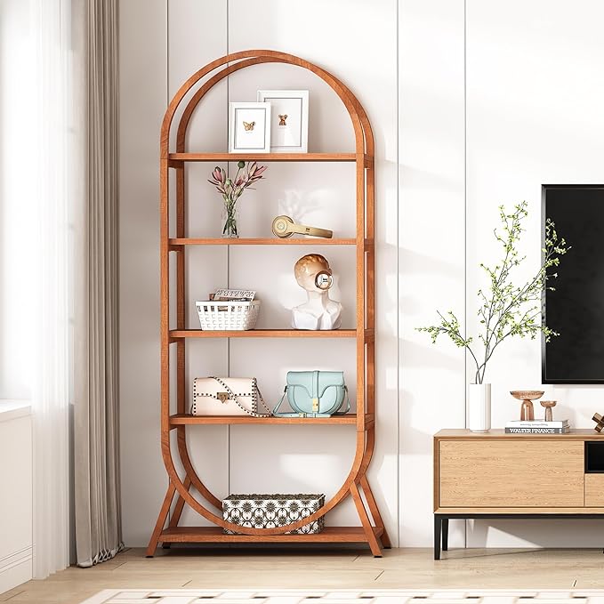 Tribesigns 5-Tier Open Bookshelf, 70.8" Tall Arched Bookcase, Modern Brown Storage Bookshelves, Freestanding Display Rack Shelving Unit for Office, Bedroom, Living Room, Easy Assembly (2PCS)