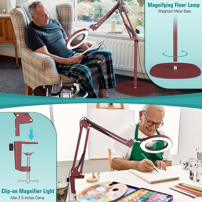 10X Magnifying Glass with Light and Stand, Real Glass Lens (Not Acrylic), 5 Color Modes, Stepless Dimmable, LED 3-in-1 Floor Lamp, Swing Arm with Clamp, Lighted Magnifier Hands Free for Crafts - Red