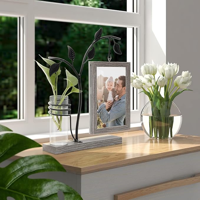 Sapowerntus 4x6 Picture Frames Family Desk Office Rustic Photo Frame, Water Plants Flowers Floating Double Glass Vase Tabletop Standing Home Decor, Wedding Grandma Mother Mom Gift