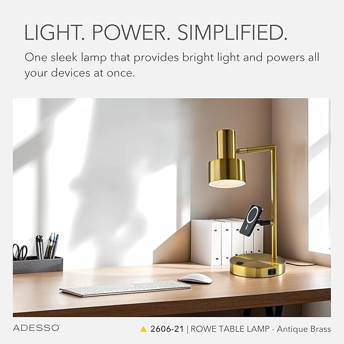 Adesso Supercharger Lamp with USB-A, USB-C, AC Outlet & Wireless Charging Pad – Antique Brass Desk Lamp with Adjustable Shade and Power Station Base for Home, Office, or Dorm