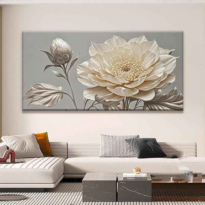 QSQ Large Wall Art Living Room Home Wall Decor Modern Canvas Art Wall Decor 29 X 58 Inches White Painting Print Elegant Silver White Flower Wall Art Picture For Bedroom Office Decoration Artwork
