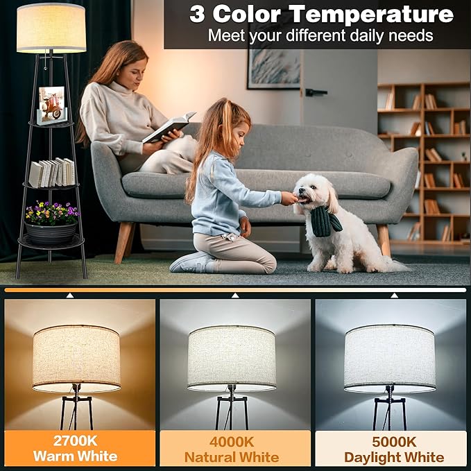 Floor Lamp with Shelves, Modern Standing Lamp with 3 Color Temperature LED Bulbs, Corner Floor Lamps for Living Room & Bedroom, Lamparas Elegantes para Sala (Beige Lampshade, 1)