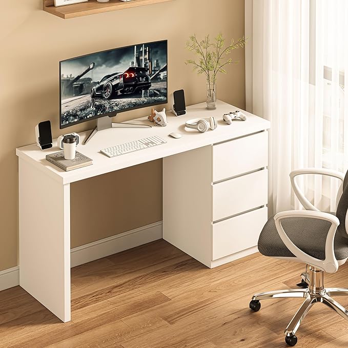 furtble White Desk with Drawers, 55'' W Home Office Computer Desk Gaming Table, Modern Vanity Desk with Storage, Wood Writing Workstation for Bedroom, Living Room, White
