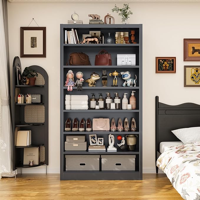 Bookcase,7 Tier Bookshelf,55" Tall Free Standing Metal Bookcase with Adjustable Storage Shelves,Wide Bookshelf for Bedroom Living Room Home Office School (Black, 7 Tier 55"H x 27.5"W x 11.8"D)