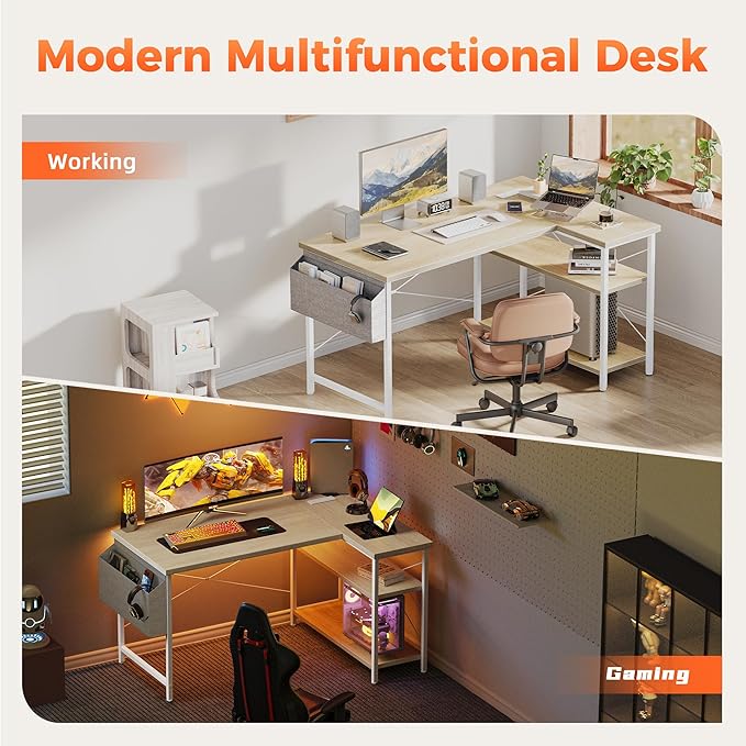 Mericonia Small L Shaped Computer Desk with Power Outlets, Reversible Gaming Desk with Storage Shelves, Corner Gamer Desk Table, Study Writing Table