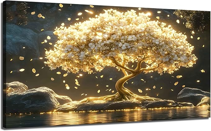Large Tree of Life Canvas Wall Art Abstract Gold Tree Mountain Lake Decor painting Pictures Nordic Golden White Flowers Posters Prints for living room Bathroom Bedroom Office Hallway Home Decoration