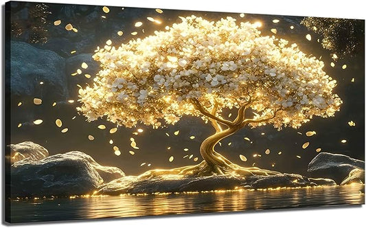 Large Tree of Life Canvas Wall Art Abstract Gold Tree Mountain Lake Decor painting Pictures Nordic Golden White Flowers Posters Prints for living room Bathroom Bedroom Office Hallway Home Decoration