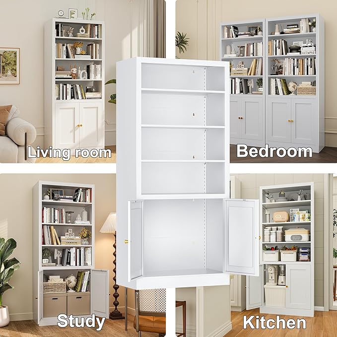 White Bookcase, Library Office Book Shelf with Adjustable Shelves, Tall Bookcase with Doors for Bedroom Living Room Kitchen. Metal Bookshelf Ideal for Home Organization & Stylish Upgrades