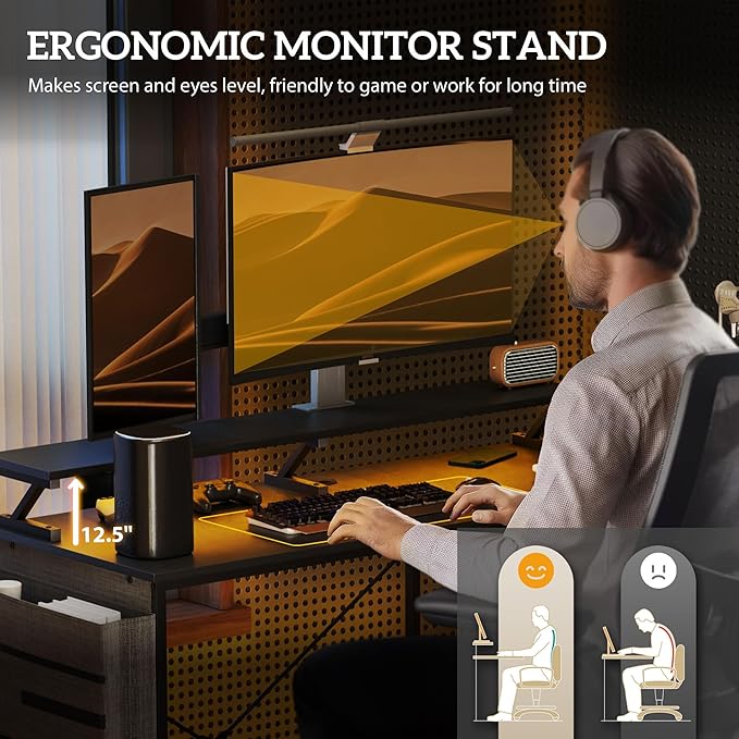 HOMCOM 58" L Shaped Gaming Desk with Power Outlets and LED Lights, Reversible Computer Desk with Monitor Stand, Fabric Storage Bag, Cable Management, for Home Office, Black