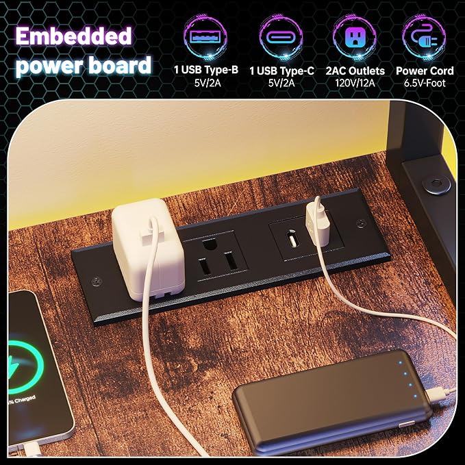 Computer Desk with LED Lights & Outlets,55" L Shaped Gaming Desk with Shelves & Storage Hutch,Reversible Corner Gaming Table with Printer Space & Monitor Stand for Home Office,Rustic Brown