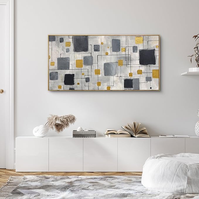 KLAKLA Neutral Decor Modern Abstract Wall Art Poster - Black Gold Gray for Living Room Bedroom Office Framed Minimalist Abstract Design 48x24 Inches