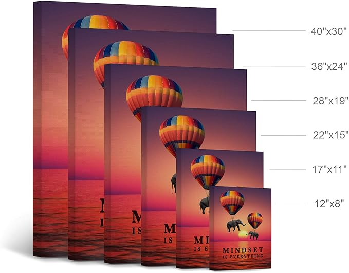 Smile Art Design Mindset is Everything Elephant with Balloon Sunset View Motivational Wall Art Canvas Print Inspirational Entrepreneur Quote Modern Office Decor Artwork Gift Ready to Hang 28x19