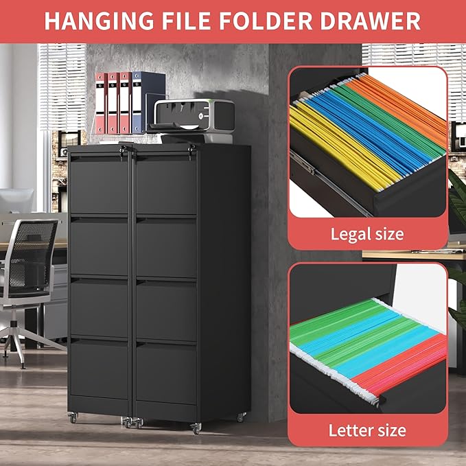 4 Drawer Mobile File Cabinet with Lock,Black Metal Locking Filing Cabinets,Vertical File Cabinet for Home Office,Rolling Storage Cabinet for A4/Letter/Legal Size File,Assembly Required