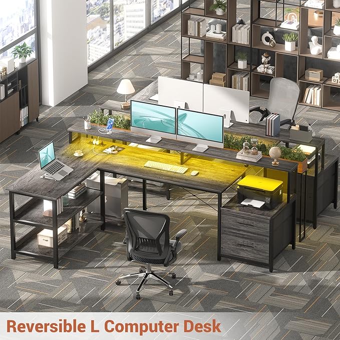 Aheaplus L Shaped Desk with File Drawer, 72.8" Reversible L Shaped Computer Desk with Power Outlet & LED Strip, Gaming Desks with Monitor Stand, Corner Office Desks with Storage Shelf, Grey Oak