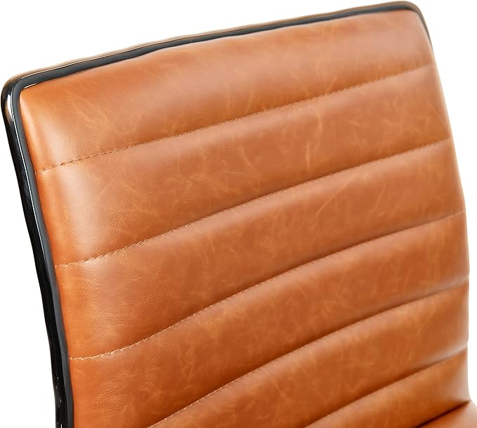 Flash Furniture Alan Low-Back Ribbed Upholstered Vinyl Swivel Desk Chair with Padded Seat, Modern Adjustable Height Padded Office Chair, Brown