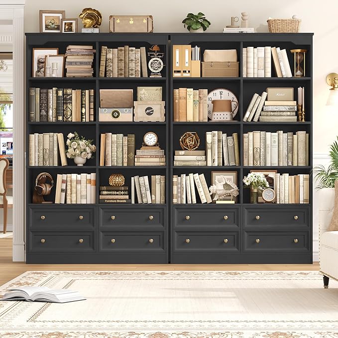 FINETONES 71" Black Bookshelf with 4 Drawers, 6-Tier Double Wide Bookshelves and Bookcases with Storage, Tall Bookshelf Large Open Bookshelves Standing Book Cabinet for Home Office, Black