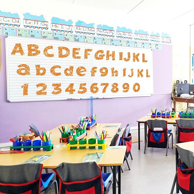 Colarr 216 Pcs Glitter Bulletin Board Letters for Classroom Number Alphabet Punctuation Symbol Cutout 4'' Die-Cut Poster Letter with Adhesive Dot School Party Holiday Decor Display(Orange)