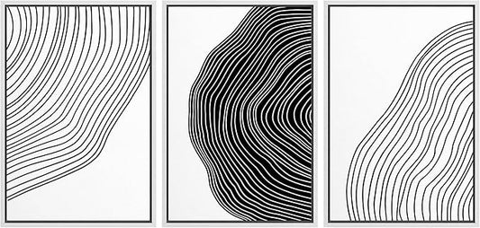 SIGNFORD Framed Canvas Print Wall Art Set Black White Spiral Ring Polygons Abstract Shapes Illustrations Modern Art Bohemian Nordic Relax/Calm for Living Room, Bedroom, Office - 16"x24"x3 White