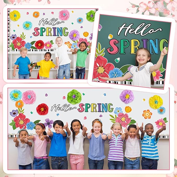 62 Pcs Spring Bulletin Board Set with Borders, 3D Paper Flowers & Cutouts for Classroom Decoration, Hello Spring Floral Wall Decor for Teacher, Chalkboard, Door & Hallway
